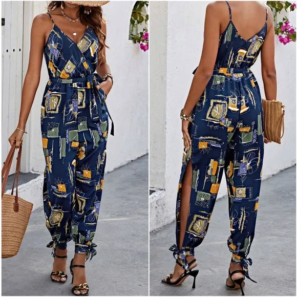 Boho Abstract Print Cut out Leg Cami Jumpsuit - Picture 4 of 5